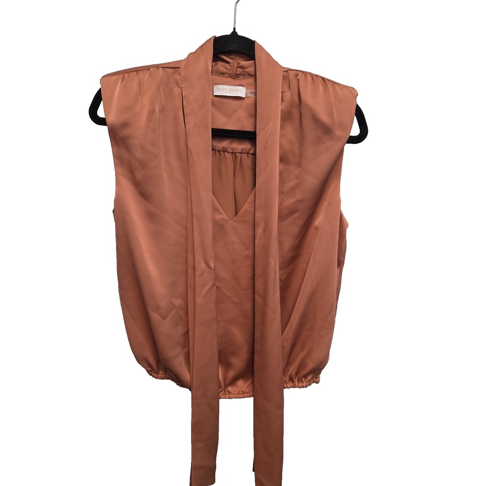 RAMY BROOK Cinnamon Sz S Sleeveless Modern Satin Tie Blouse Elastic Waist $295